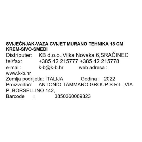 SVIJEĆNJAK-VAZA CVIJET MURANO STAKLO 18 CM KREM-SIVO-SMEĐI