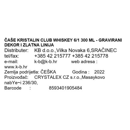 ČAŠE KRISTALIN CLUB WHISKEY 6/1 300 ML - GRAVIRANI DEKOR I ZLATNA LINIJA