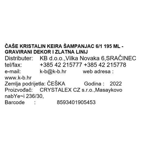 ČAŠE KRISTALIN KEIRA ŠAMPANJAC 6/1 195 ML - GRAVIRANI DEKOR I ZLATNA LINIJA