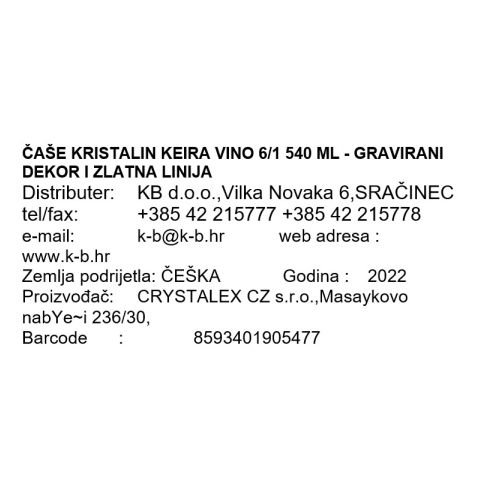 ČAŠE KRISTALIN KEIRA VINO 6/1 540 ML - GRAVIRANI DEKOR I ZLATNA LINIJA