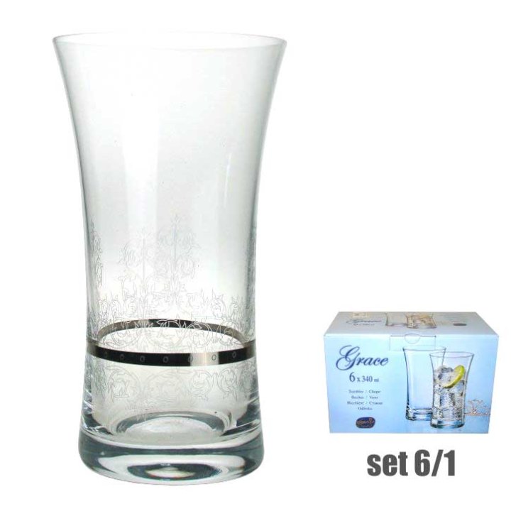 ČAŠE KRISTALIN GRACE VISOKE 6/1 340 ML - GRAVIRANI DEKOR I SREBRNA LINIJA