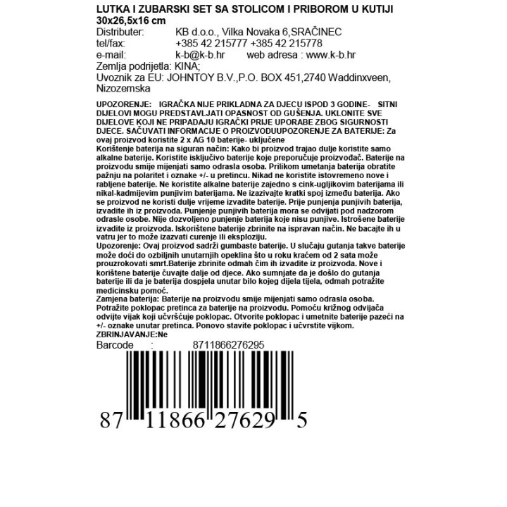 LUTKA I ZUBARSKI SET SA STOLICOM I PRIBOROM