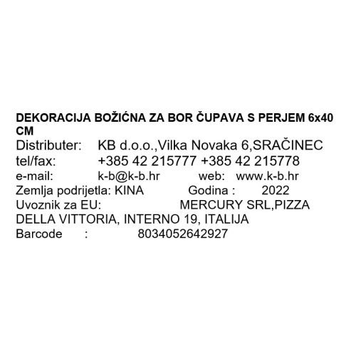 DEKORACIJA BOŽIĆNA ZA BOR ČUPAVA S PERJEM 6x40 CM