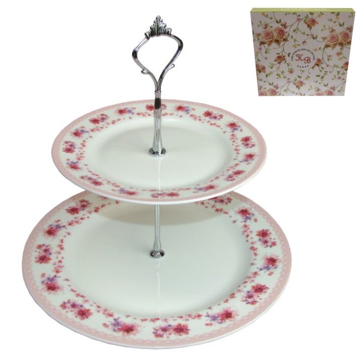 ETAŽER 2 NIVOA PORCULANSKI NEW BONE 27x25 CM - CVJETIĆI ROZI