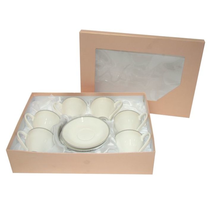 ŠALICE ZA KAVU S TANJURIĆIMA 6/1 PORCULAN NEW BONE 200 ML - SREBRNI SJAJNI RUB