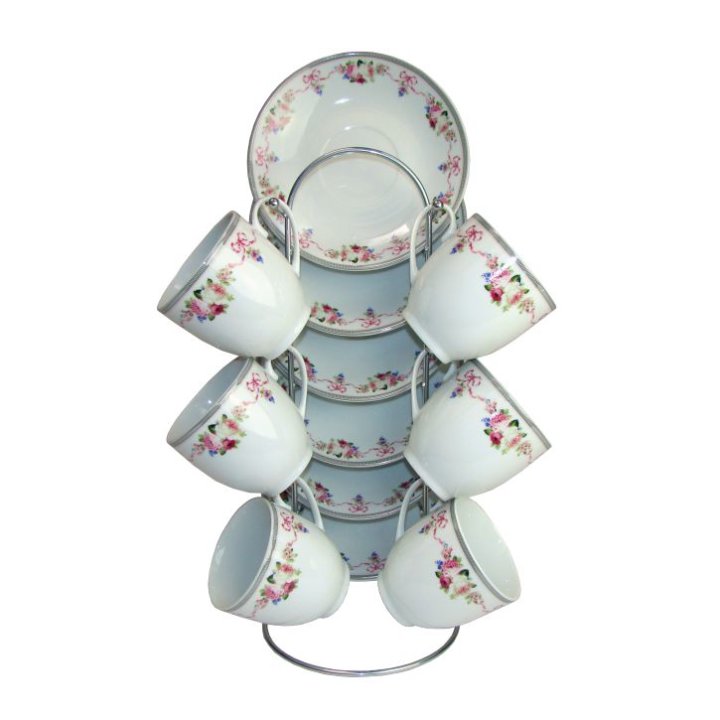 ŠALICE ZA KAVU S TANJURIĆIMA 6/1 PORCULAN 180 ML NA METALNOM STALKU 38 CM
