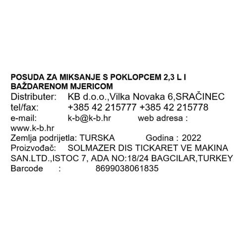 POSUDA ZA MIKSANJE S POKLOPCEM 2,3 L I BAŽDARENOM MJERICOM