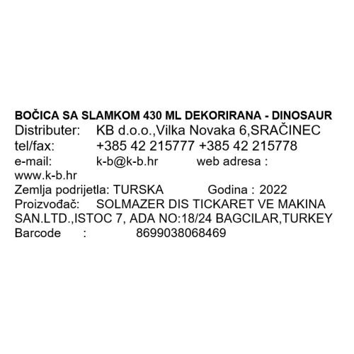 BOČICA SA SLAMKOM 430 ML DEKORIRANA - DINOSAUR