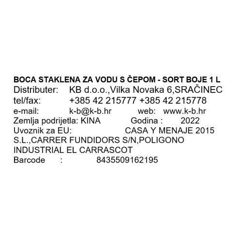 BOCA STAKLENA ZA VODU S ČEPOM BOJE 1 L