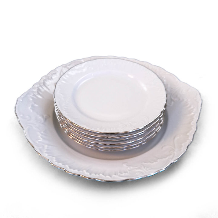 SET ZA KOLAČE PORCULANSKI 7 DIJELNI - SREBRNI RUB