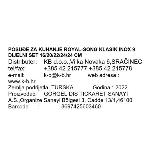 POSUĐE ZA KUHANJE ROYAL-SONG KLASIK INOX 9 DIJELNI SET 16/20/22/24/24 CM