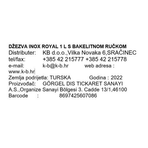 DŽEZVA INOX ROYAL 1 L S BAKELITNOM RUČKOM