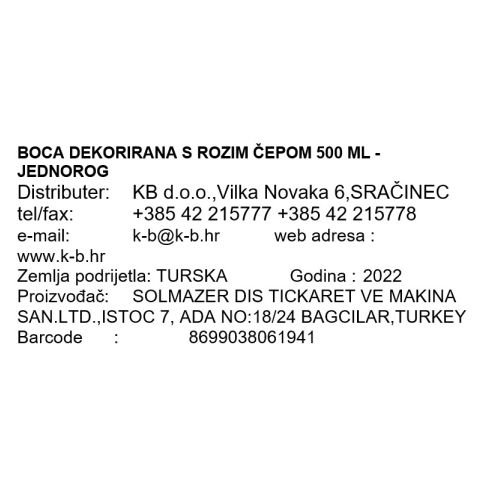 BOCA ZA MLIJEKO DEKORIRANA S ROZIM ČEPOM 500 ML - JEDNOROG