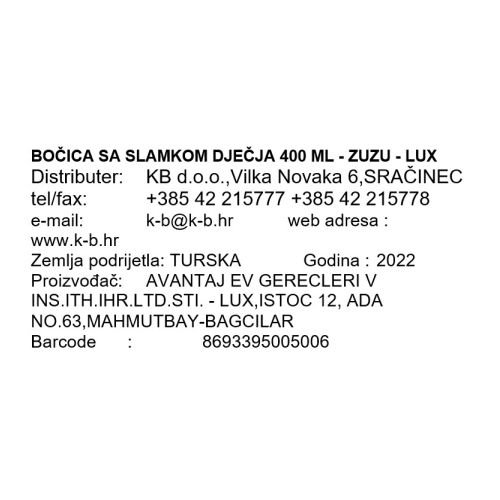BOČICA SA SLAMKOM DJEČJA 400 ML - ZUZU - LUX