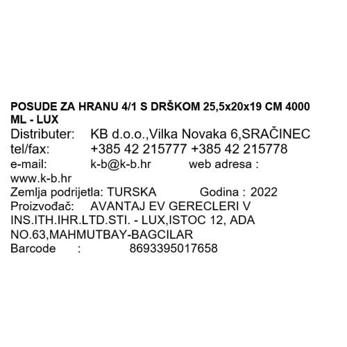 POSUDE ZA HRANU 4/1 S DRŠKOM 25,5x20x19 CM 4000 ML - LUX
