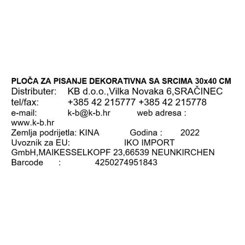 PLOČA ZA PISANJE DEKORATIVNA SA SRCIMA 30x40 CM