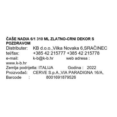 ČAŠE NADIA 6/1 310 ML ZLATNO-CRNI DEKOR S POZDRAVOM