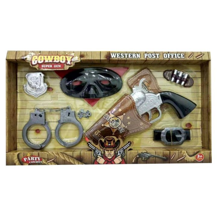 PIŠTOLJ COWBOY SET S LISICAMA, MASKOM I ZNAČKOM NA BATERIJE