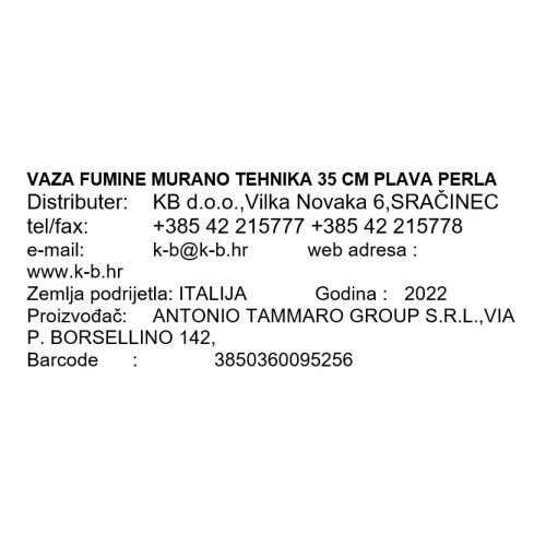 VAZA FUMINE MURANO TEHNIKA 35 CM PLAVA PERLA
