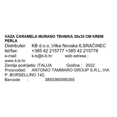 VAZA CARAMELA - MURANO TEHNIKA 27 CM KREM PERLA