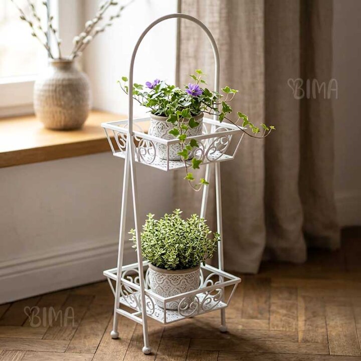 STALAK DEKORATIVNI METALNI S DVIJE ČETVRTASTE KOŠARICE KREM 73x23x23 CM