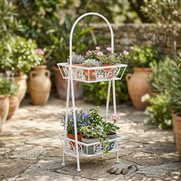 STALAK DEKORATIVNI METALNI S DVIJE ČETVRTASTE KOŠARICE KREM 73x23x23 CM
