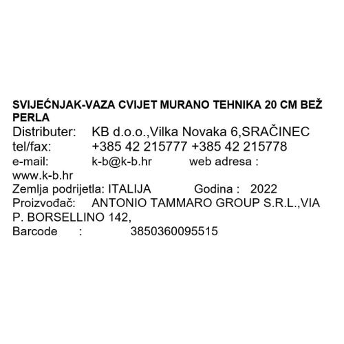 SVIJEĆNJAK-VAZA CVIJET MURANO TEHNIKA 20 CM BEŽ PERLA