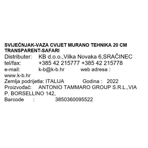 SVIJEĆNJAK - VAZA CVIJET - MURANO TEHNIKA 20 CM TRANSPARENT-SAFARI