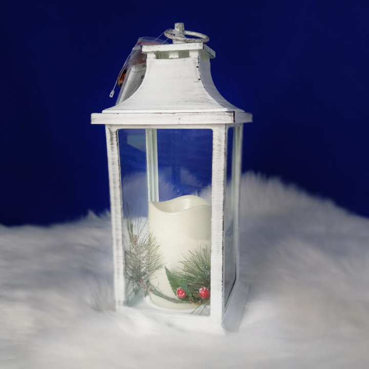 LANTERNA SVIJEĆNJAK BIJELO-SIVI S LED SVIJEĆOM NA BATERIJE 30x14 CM