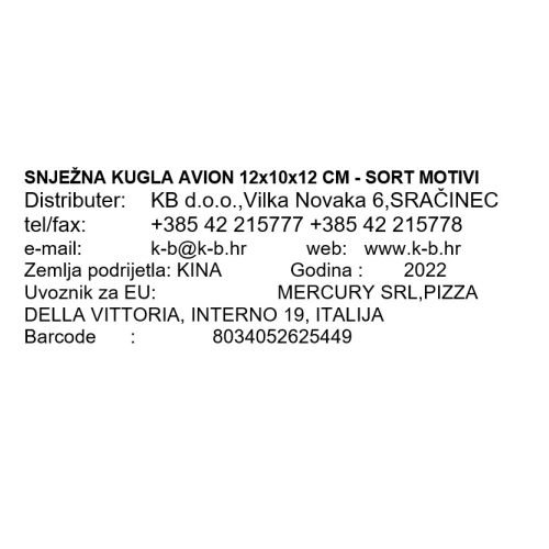 SNJEŽNA KUGLA AVION 12x10x12 CM - SORT MOTIVI