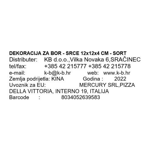 DEKORACIJA ZA BOR - SRCE 12x12x4 CM - SORT