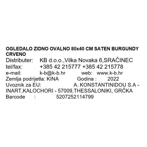 OGLEDALO ZIDNO OVALNO 80x40 CM SATEN BURGUNDY CRVENO
