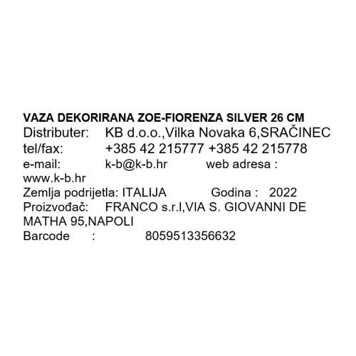 VAZA DEKORIRANA ZOE-FIORENZA SILVER 26 CM
