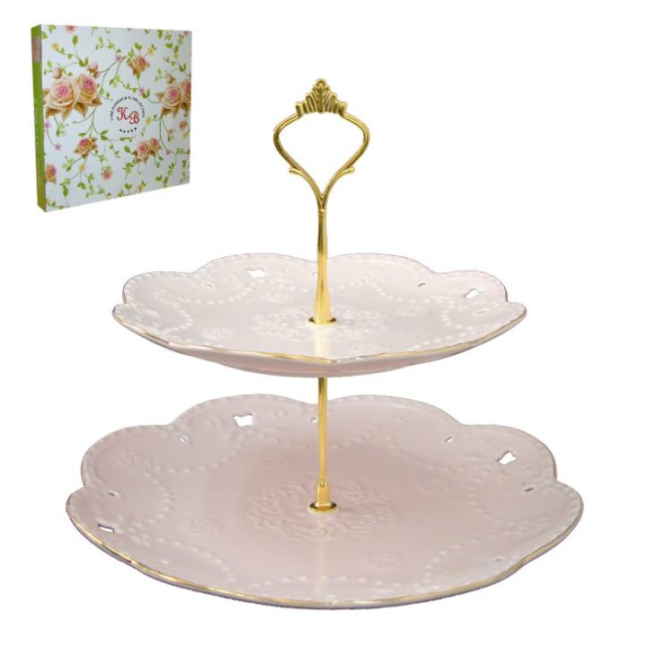 ETAŽER 2 NIVOA NEW BONE PORCULAN 27x25 CM - ROZI SA ZLATNIM RUBOM