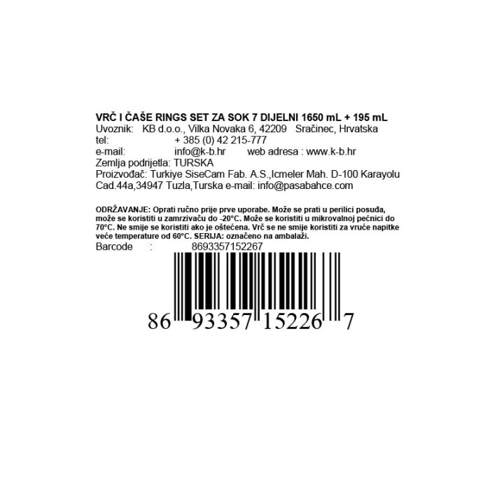 VRČ I ČAŠE RINGS SET ZA SOK 7 DIJELNI 1650 ML + 195 ML