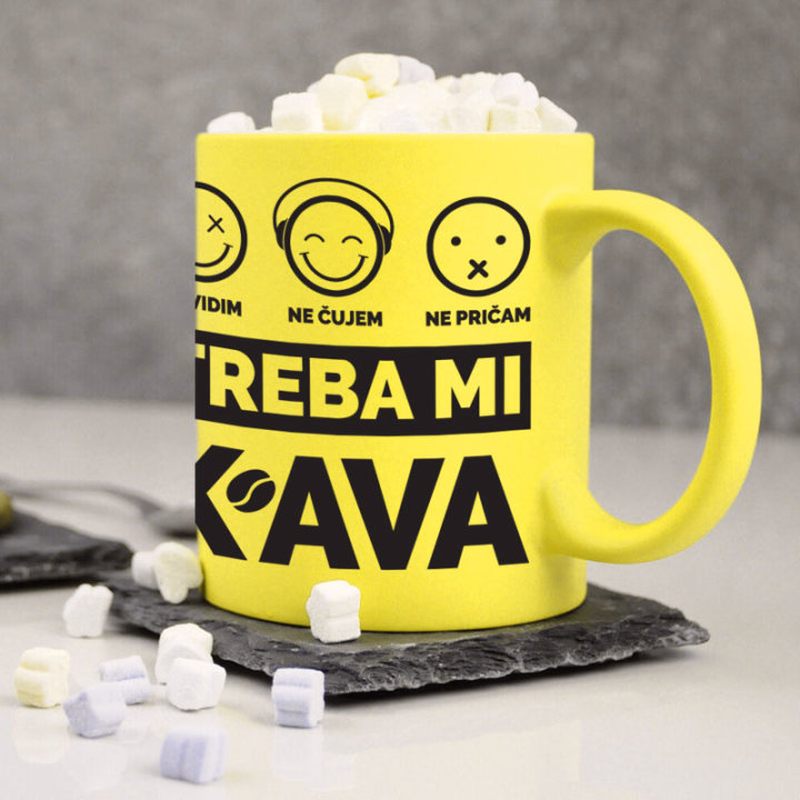 ŠALICA KERAMIČKA S TISKOM U POKLON KUTIJI NEON ŽUTA - Treba mi kava