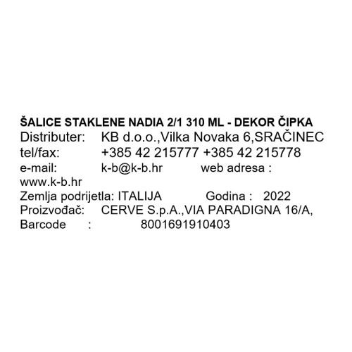 ŠALICE STAKLENE NADIA 2/1 310 ML - DEKOR ČIPKA