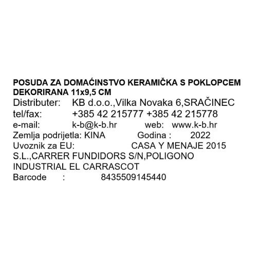POSUDA ZA DOMAĆINSTVO KERAMIČKA S POKLOPCEM DEKORIRANA 11x9,5 CM