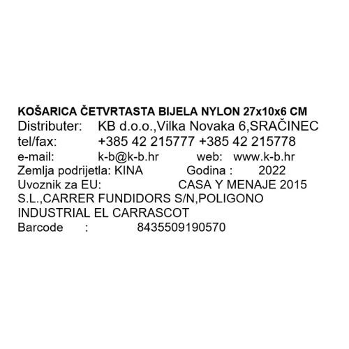 KOŠARICA ČETVRTASTA ZA KRUH BIJELA NYLON 27x10x6 CM