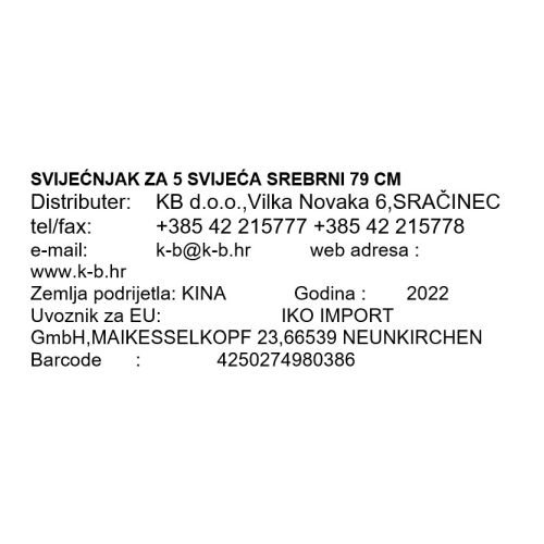 SVIJEĆNJAK ZA 5 SVIJEĆA SREBRNI 79 CM