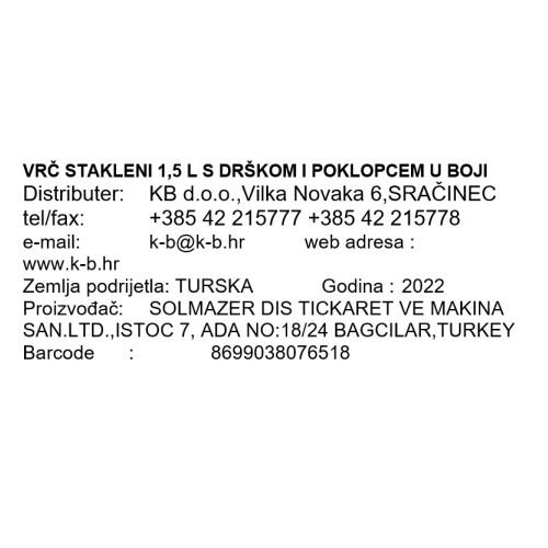 VRČ STAKLENI 1,5 L S DRŠKOM I POKLOPCEM U BOJI