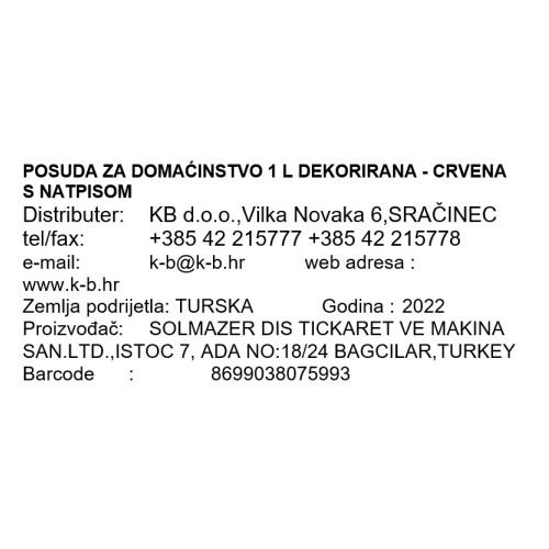 POSUDA ZA DOMAĆINSTVO 1 L DEKORIRANA - CRVENA S NATPISOM
