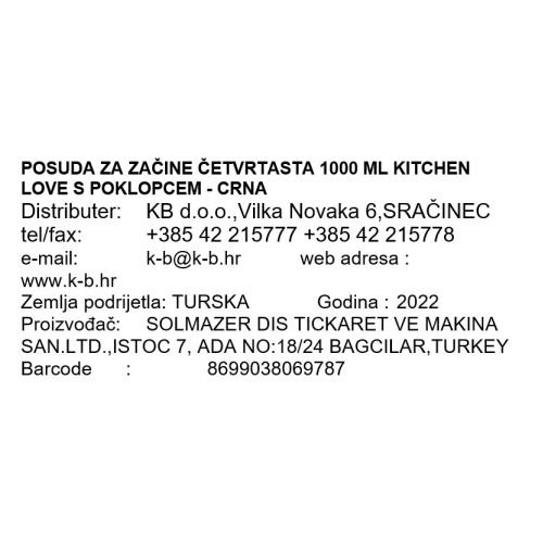 POSUDA ZA ZAČINE ČETVRTASTA 1000 ML KITCHEN LOVE S POKLOPCEM - CRNA