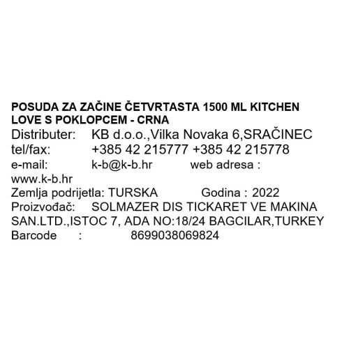 POSUDA ZA ZAČINE ČETVRTASTA 1500 ML KITCHEN LOVE S POKLOPCEM - CRNA