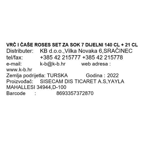 VRČ I ČAŠE ROSES SET ZA SOK 7 DIJELNI 1400 ML + 210 ML