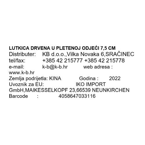 LUTKICA DRVENA U PLETENOJ ODJEĆI 7,5 CM