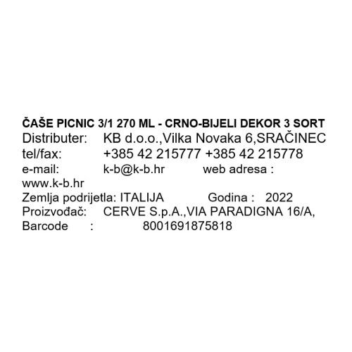 ČAŠE PICNIC 3/1 270 ML - CRNO-BIJELI DEKOR