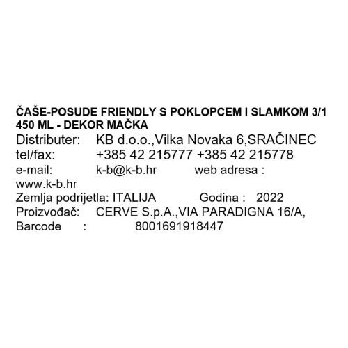 ČAŠE-POSUDE FRIENDLY S POKLOPCEM I SLAMKOM 3/1 450 ML - DEKOR MAČKA
