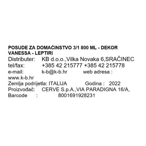POSUDE ZA DOMAĆINSTVO 3/1 800 ML - DEKOR VANESSA - LEPTIRI