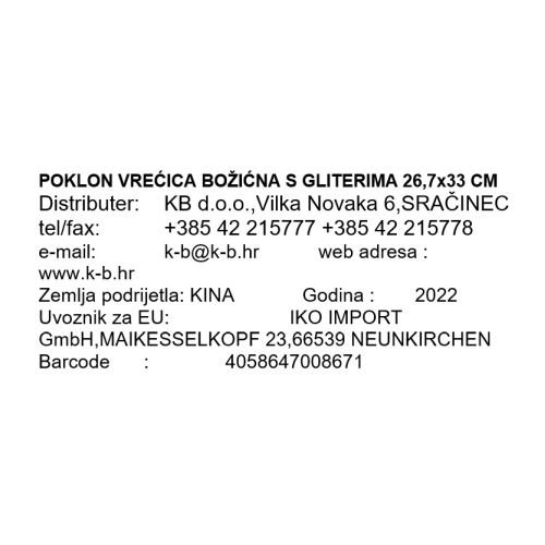 POKLON VREĆICA BOŽIĆNA S GLITERIMA 26,7x33 CM